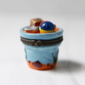 Beach pail hinged ceramic trinket box with ball inside mini collectible vintage